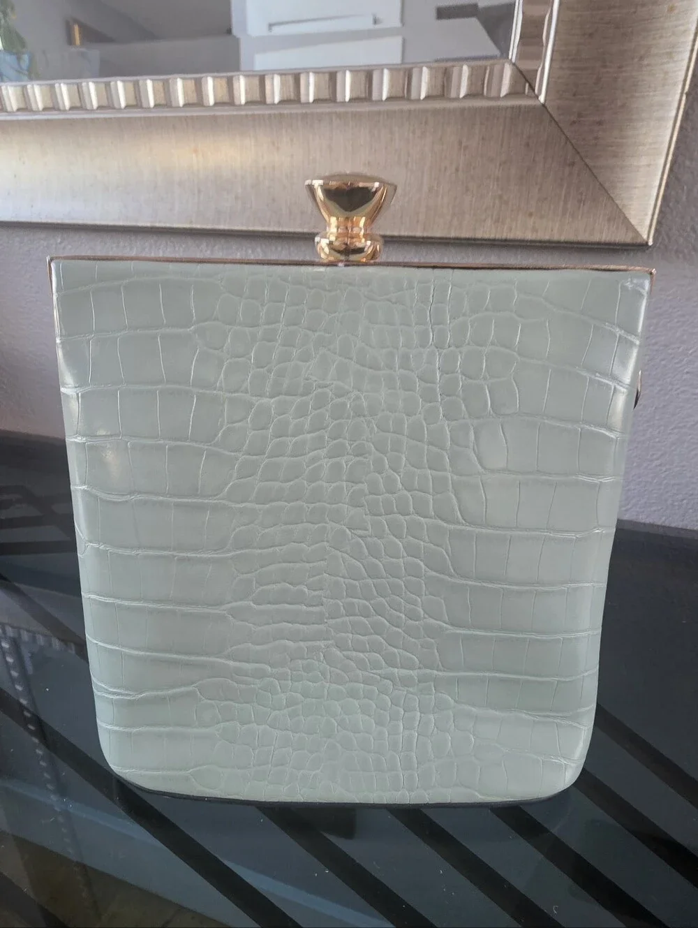 Structured Croc-Embossed Top-Handle Bag in Pale Mint with Gold Chain